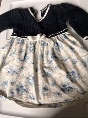 Emile et Rose Navy Knit Top with Cream & Blue Floral Skirt Dress